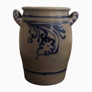 German Folk Art Grey and Cobalt Blue Stoneware Jar, 1890s