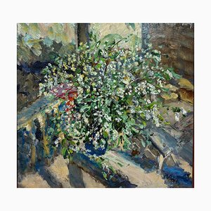 Georgij Moroz, Flores en la terraza, óleo sobre cartón, 1997