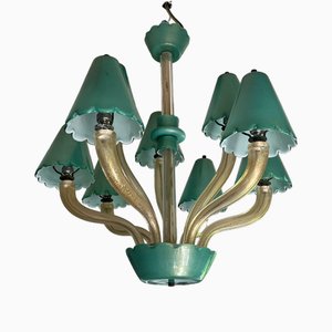 Lampadario in vetro di Murano con foglia oro verde 24K, anni '60