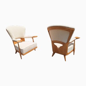 Fauteuils Vintage en Bois Clair et Tissu Bouclé Blanc par Enrico Ciuti, 1950s, Set de 2