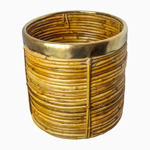 Rattan and Brass Basket, Italy, 1970s
