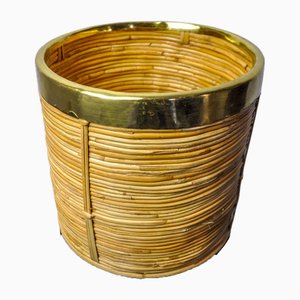Rattan and Brass Book Holder Basket, Italy, 1970s