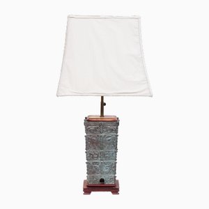 Large Oriental Bronze Pagoda Table Lamp with Shade, 1965