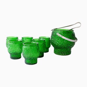 Vintage Green Cocktail Bubble Glasses with Ice Bucket and Ice Clamps, 1970s, Set of 8