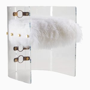 Modern Diamond Clear Acrylic and Bronze Steel Jetson Side Chair with White Mongolian Sheepskin by Egg Designs