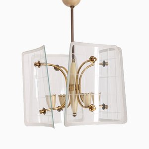Vintage Hanging Light in Brass and Decorated Glass, 1950s