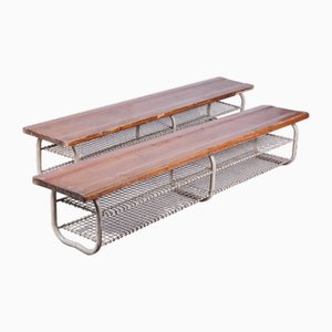 Set of Mid-Century Benches in Lacquered Steel & Spruce, Czech, 1950s