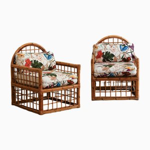 Fauteuils avec Dossier Arqué et Bambou Tissé, 1970s, Set de 2