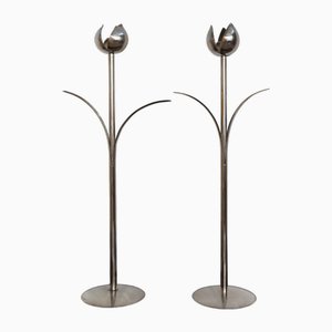 Candelabros italianos de metal plateado de Mesa, años 70. Juego de 2