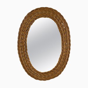 French Riviera Oval Rattan Wall Mirror, France, 1960s