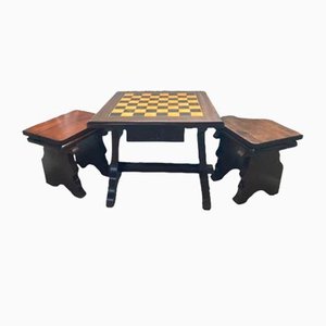 Walnut Chess Table with Hand-Carved Figures, Spain, 1960s, Set of 3