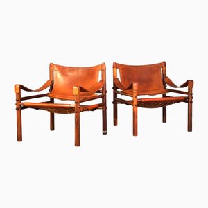 Set of Vintage Scandinavian Sirocco Safari Teak Lounge Chairs in Cognac Leather by Arne Norell for Arne Norell Ab, 1960s