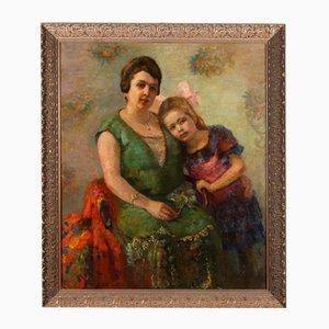 Central European School Artist, Portrait of Mother with Daughter, Oil Painting on Canvas