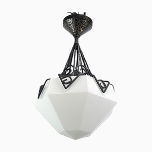 Art Deco Hanging Light in Opal Glass and Wrought Iron, 1930s
