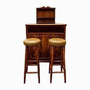 Vintage English Bar with Barstools, Set of 3