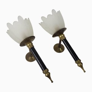 Flambeau Wandleuchten aus Glas & Messing, 1950er, 2er Set