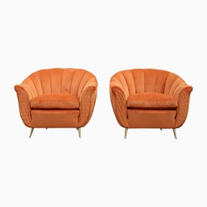 Butacas de terciopelo naranja y patas de latón al estilo de Gio Ponti de Isa Bergamo, Italia, años 50. Juego de 2