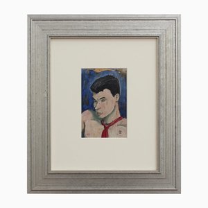 Artista de la escuela francesa, Retrato de un joven con corbata roja, 1956, Gouache y tinta sobre papel