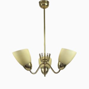Brass & Opaline Glass 3-Arm Chandelier attributed to Hans Bergström for Asea, Sweden, 1950s