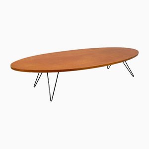 Mesa de centro italiana Mid-Century moderna ovalada de madera y metal negro, años 60