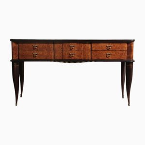 Consolle vintage in legno con 6 cassetti e ripiano in vetro