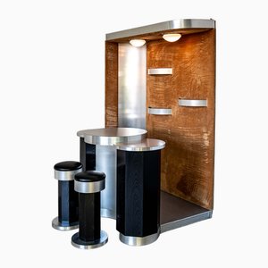 Bar grande con sgabelli in alluminio spazzolato, Italia, anni '70, set di 3