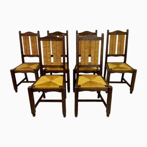 French Oak and Rush Dining Chairs, 1950s, Set of 6
