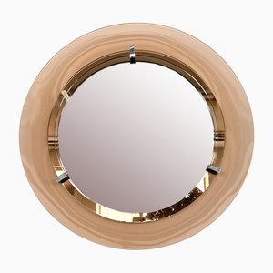 Espejo de pared italiano grande redondo de vidrio en rosa de Cristal Art, años 70