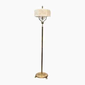 Lampada da terra Grace Art Déco in ottone e tessuto attribuita a Malmö Metallvarufabrik, Svezia, anni '30