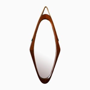 Large Italian Teak Oval Mirror, 1960s