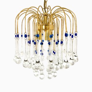 Lampadario Mid-Century a cascata di Murano in ottone e vetro