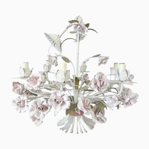 Vintage French Tole Chandelier with Porcelain Roses