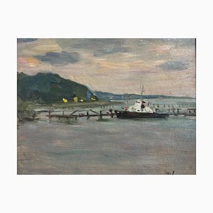 Boris Mikhailovich Lavrenko, Sunset on Boarding, Öl auf Karton, 1980er