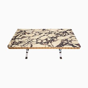 Large Mid-Century Coffee Table in Chrome and Teak with Calacatta Viola, 1970s