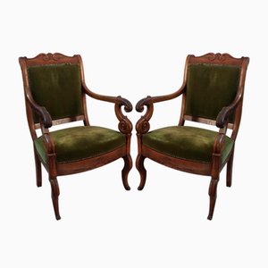 Set of Walnut Armchairs with Original Fabric, France