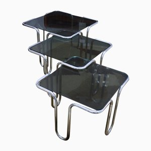 Smoked Glass Chrome Coffee Tables, 1970s, Set of 3
