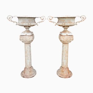 Vaso da fiori in ghisa con orecchie su colonna romana, set di 2
