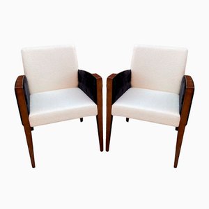 Butacas Art Déco de tela rizada blanca y terciopelo negro. Juego de 2