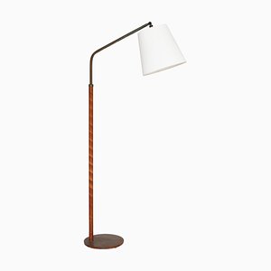 Scandianvian Art Deco Floor Lamp in Brass and Birch Veneer, Denmark, 1930s