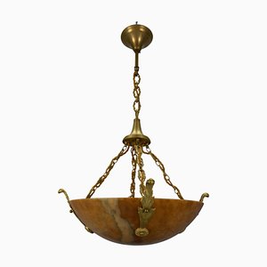French Art Deco Amber Color Alabaster and Bronze Pendant Light, 1920