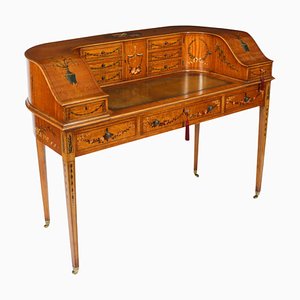 Scrivania antica Carlton House edoardiana in legno satinato e fiori, fine XIX secolo