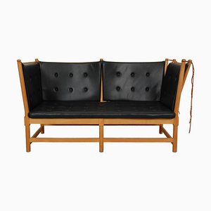 Spoke-Back Sofa in Black Leather by Børge Mogensen, 1990s