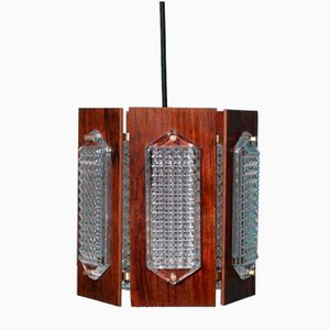 Vintage Hexagon Hanging Lamp in Wood & Glass