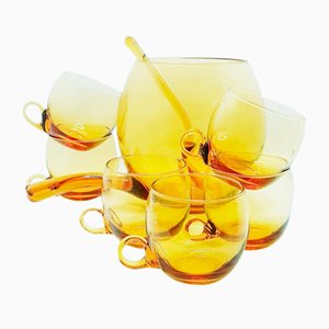 Set de Bols à Punch en Verre Ambré Soufflé à la Main, 1970s, Set de 8