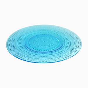 Large Mid-Century Modern Glass Plate in Azur Blue Color by Oiva Toikka Known as Kastehelmi, Italy, 1979