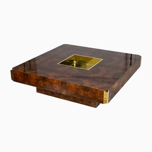 Mid-Century Large Italian Burl and Brass Coffee Cocktail Table by Mario Sabot, 1970s