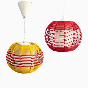 Plafonniers Mid-Century Jaunes et Rouges avec Cordes en Caoutchouc, Allemagne, 1950s, Set de 2