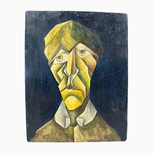 Alain Rigollier, Kubistisches Porträt, Öl auf Holz, 1990er