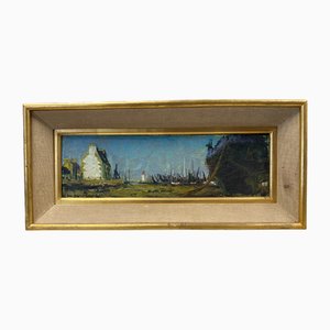 Daniel Du Janerand, Seaside with Sailboats, 1970s, Oil on Board