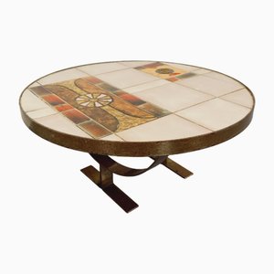 Table Basse Ronde Vintage en Céramique et Stee par Jean Gregorieff pour Roche Bobois, 1970s